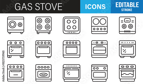 Vector Icon Set Depicting Gas Appliances Including Cooktops, Burners, Ovens, Kitchen Ranges, and Household Cooking Tools