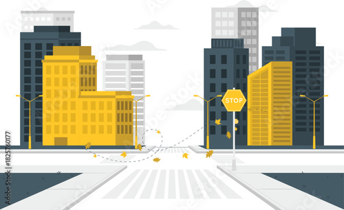 Modern city street with buildings, crosswalk, and stop sign