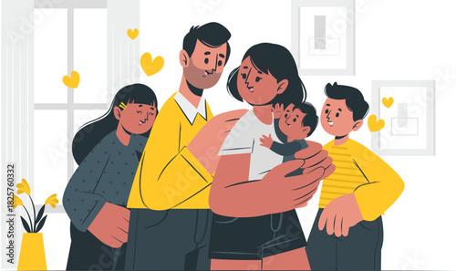 Happy family of five with parents, children, and a baby