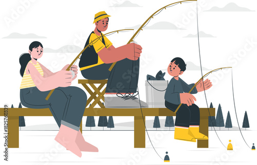 Family fishing on a pier with rods