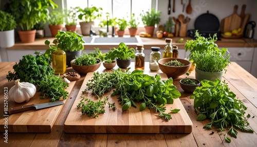 Fototapeta Naklejka Na Ścianę i Meble -  Fresh Herbs on Wooden Boards in Bright Kitchen with Potted Plants