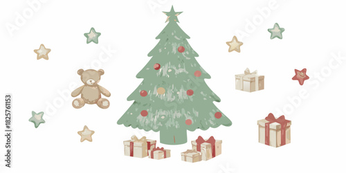Watercolor christmas tree with gifts teddy bear and stars on white