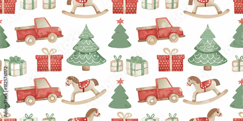 Watercolor christmas pattern with trees trucks presents and rocking horses