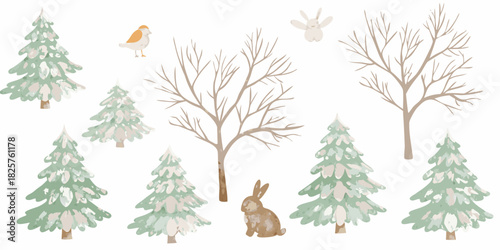 Watercolor winter forest illustration with trees rabbits and a bird