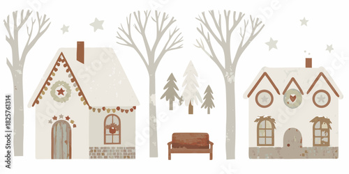 Cozy winter village scene with decorated houses and bare trees