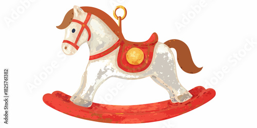 Vintage rocking horse illustration with red base and saddle isolated on white