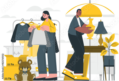 People organizing items for a garage sale