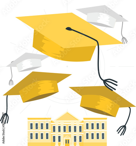 Graduation caps floating above a university building, symbolizing academic achievement and higher education