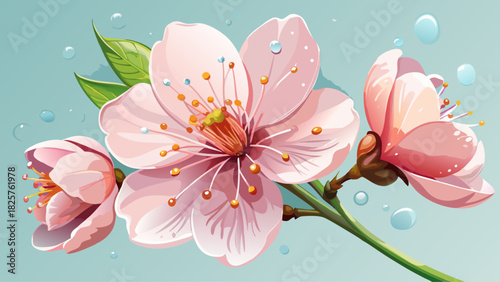 Soft pink plum blossom covered in fresh dewdrops, captured in a delicate close-up that highlights purity, hydration, and natural beauty — ideal for skincare and cosmetic themes