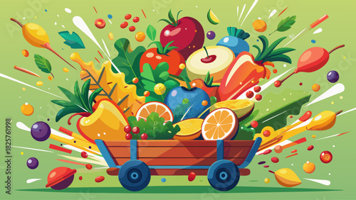 A dynamic explosion of fresh fruits and vegetables bursting from a moving trolley, surrounded by energetic sparks and splashes, symbolizing vitality, abundance, and healthy living