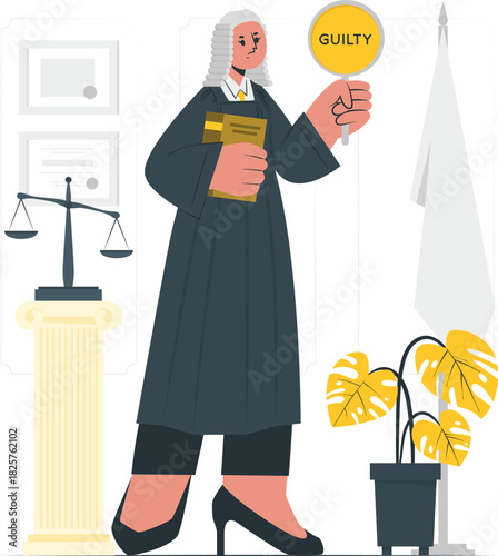 Judge holding guilty sign and law book, white