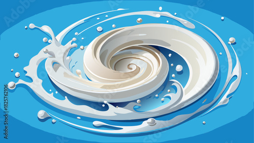 High-detail milk droplets forming an elegant spiral splash in the air, showcasing purity, freshness, and soft natural lighting for product campaigns