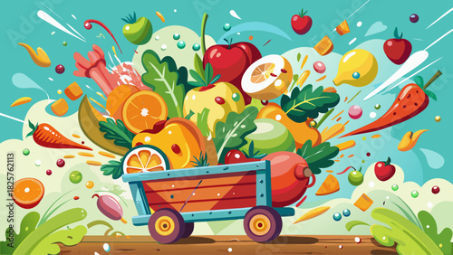 A dynamic explosion of fresh fruits and vegetables bursting from a moving trolley, surrounded by energetic sparks and splashes, symbolizing vitality, abundance, and healthy living