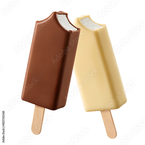 Two ice cream bars on a stick, one covered in dark chocolate and one in white chocolate, isolated on transparent background