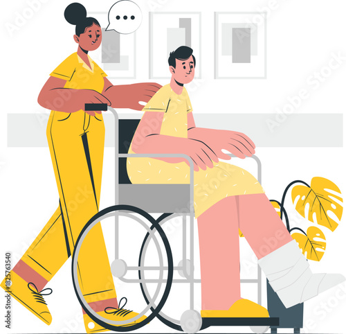 Patient Being Assisted in Wheelchair by Healthcare Professional in Modern Medical Facility
