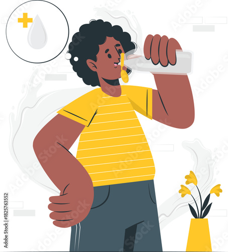 Young person in a yellow striped shirt drinking from a bottle, a concept illustration for daily hydration, wellness, and a healthy lifestyle