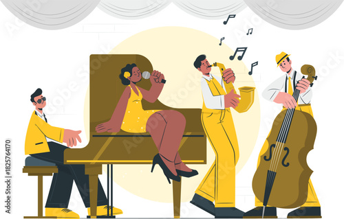 Jazz Ensemble Performing Pianist, Singer, Saxophonist, and Cellist in Concert