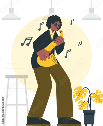 A charismatic person playing the saxophone with musical notes floating around, enjoying the rhythm