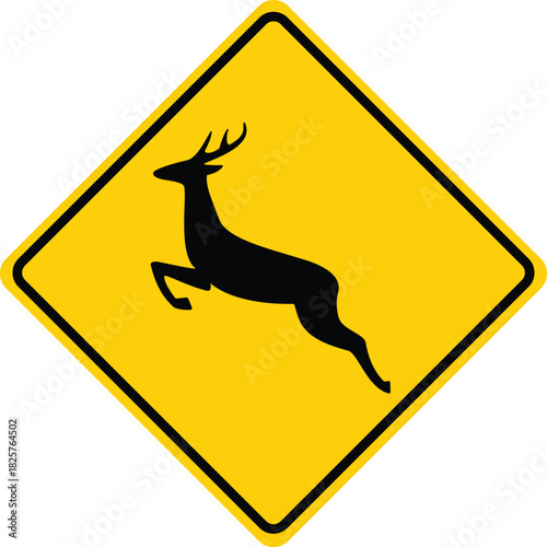 isolated silhouette deer crossing road sign symbol on round diamond square board for information notification