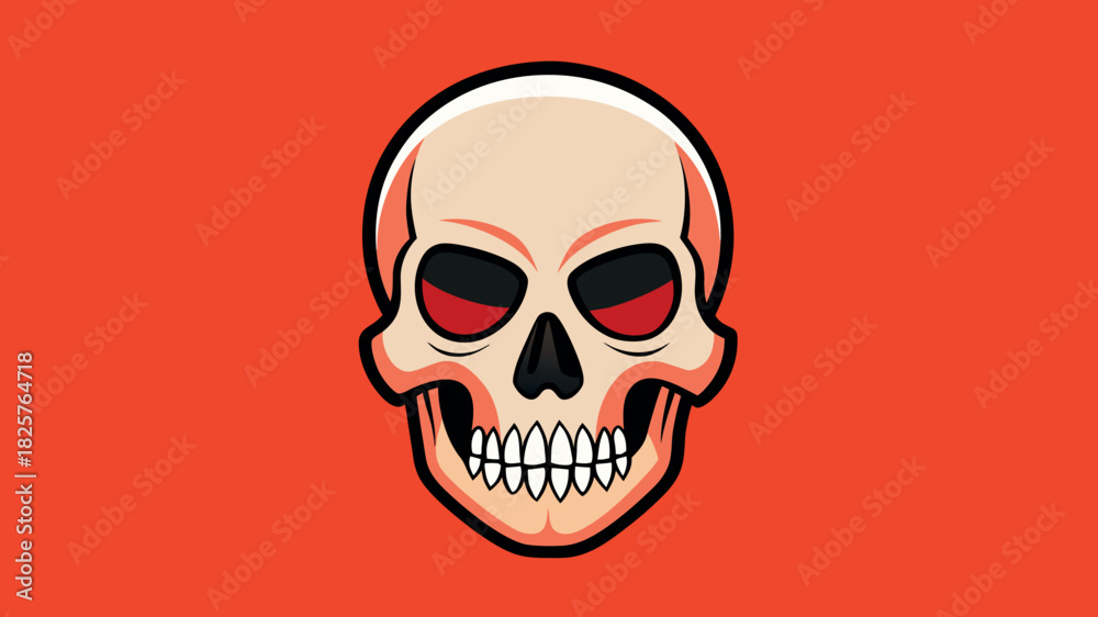 Fototapeta premium Cartoon skull with glowing red eyes on an orange background