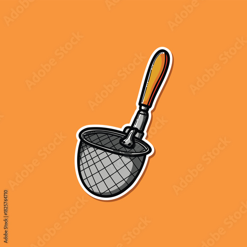 Noodle strainer ramen isolated in orange background sticker style.