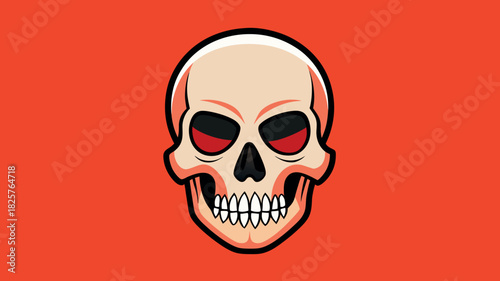 Cartoon skull with glowing red eyes on an orange background