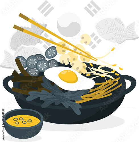 A vibrant vector illustration celebrating traditional Korean cuisine, featuring a classic bibimbap bowl, street food snacks, and cultural symbols