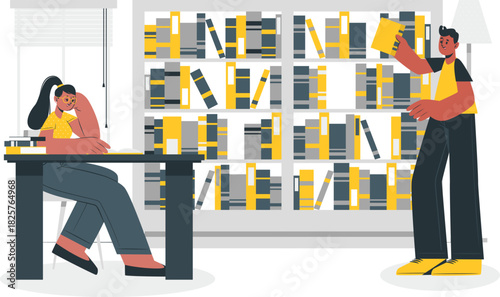 Two students engaged in study and research within a modern library