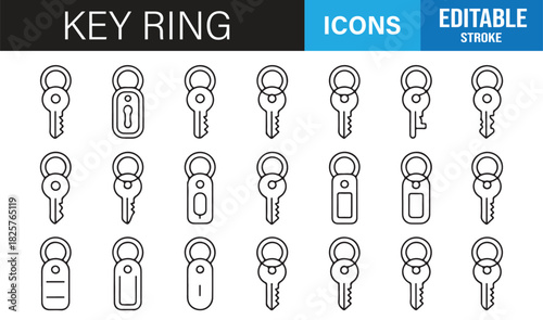 Clean Key Ring Symbol Collection Featuring Keychains, Rings, Labels, Access Keys, and Minimal Outline Elements