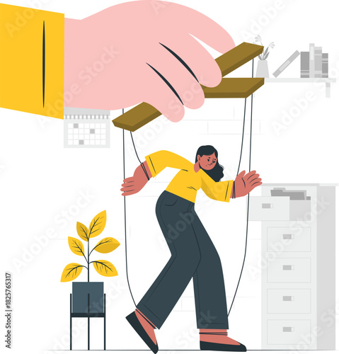 Giant hand manipulating a person like a puppet in an office