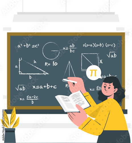 Young woman solving math problems on a classroom blackboard