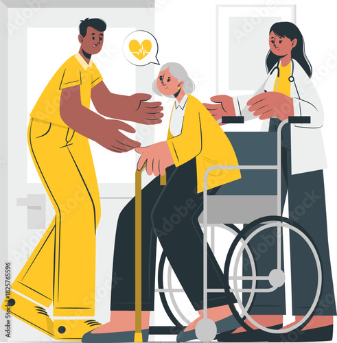 Caregiver Assists Senior Woman in Wheelchair with Doctor's Guidance