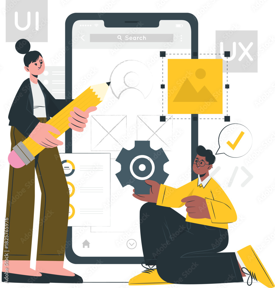 Fototapeta premium Collaborative team crafts an intuitive mobile application interface, blending innovative UI/UX design with strategic development processes for a seamless digital user experience concept