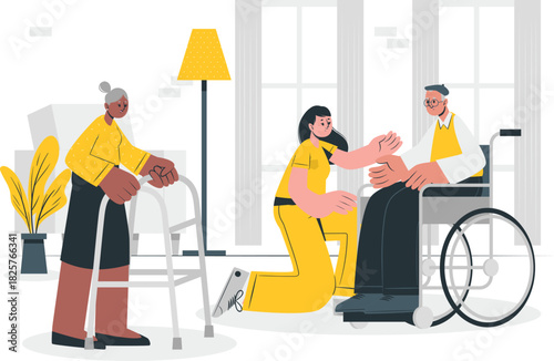 Caregivers assisting elderly individuals with mobility support