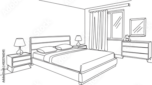 Hand drawn bedroom interior design sketch in black and white
