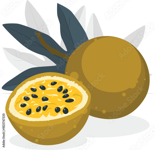 A detailed flat vector illustration of a fresh and ripe tropical passion fruit, featuring one whole fruit and another cut in half to showcase its juicy pulp and black seeds