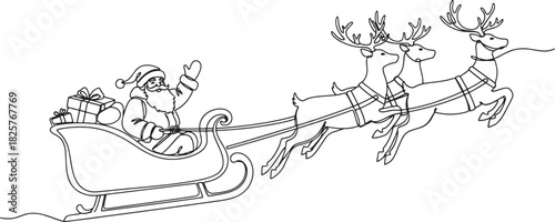 Santa claus in sleigh with reindeer outline illustration for christmas