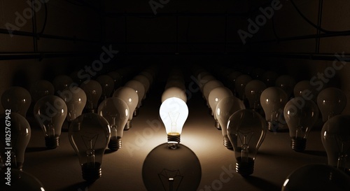 Bright light bulb standing out in a row of dim bulbs, conceptual.