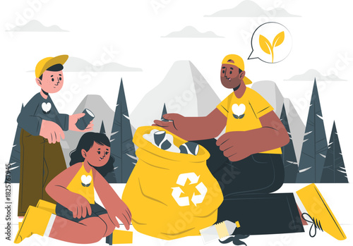 Community volunteers collecting trash for recycling in nature