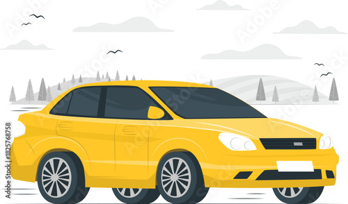 Bright yellow sedan driving on a scenic road with mountains