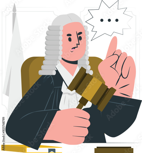 Judge in wig and robe holding gavel, pointing, white