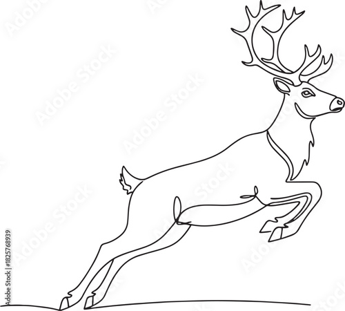 Line art illustration of a leaping reindeer with large antlers on white