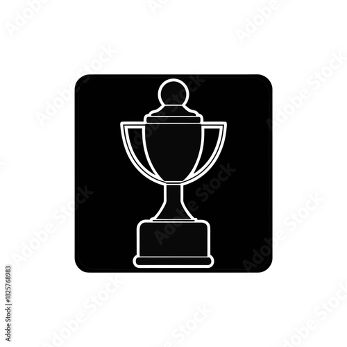 Trophy cup icon with white outline in rounded black square for victory success award