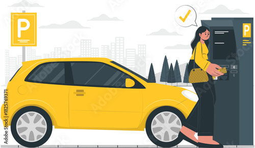 Woman paying for parking at meter with yellow car, white