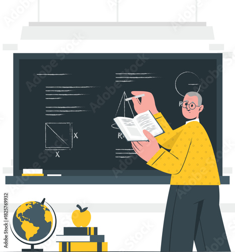 Teacher explaining math on a blackboard with book and globe