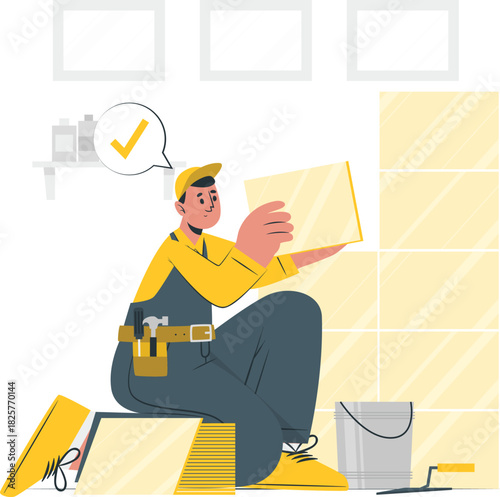 Tiler inspecting tile with correct mark for installation