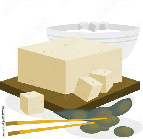 Tofu block, diced pieces, edamame, soy milk, white