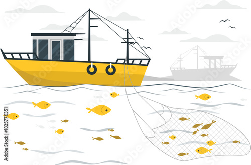 Yellow fishing boat with net catching fish