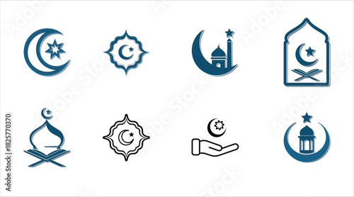 Premium Vector Set of Islamic Religious Icons Crescent Moon, Mosque Silhouette, and Quran Symbols for Ramadan and Eid
