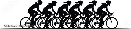 Silhouette group of women cyclists riding road bikes in synchronized formation, athletic female biking team illustrating motion, fitness, speed and unity